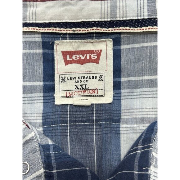 Levi's Western Shirt Mens XXL 2XL Modern Fit Blue White Plaid Pearl Snap - Picture 4 of 5